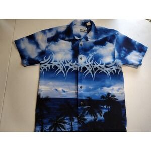 Y2k Kids Blue Tribal Tropical Palm Tree Hawaiian Shirt Large